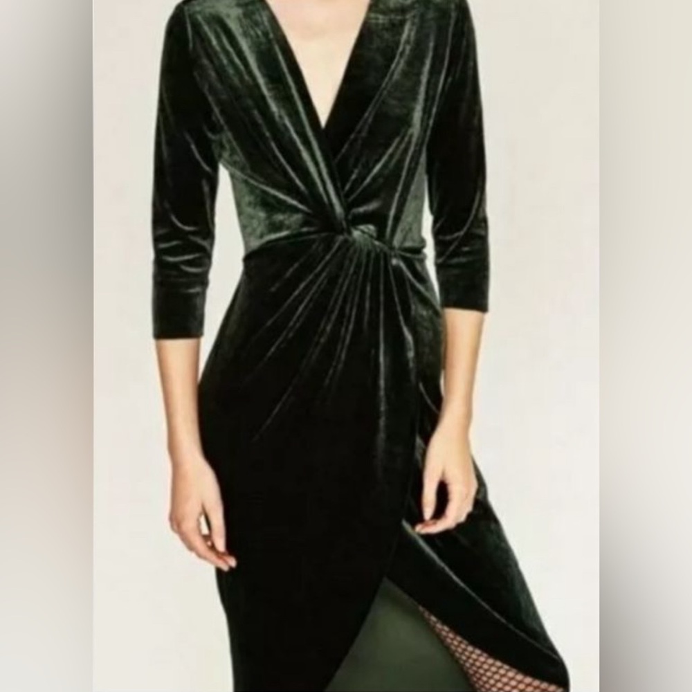 Zara Green Sheath Wrap Dress V-Neck 3/4 Sleeve